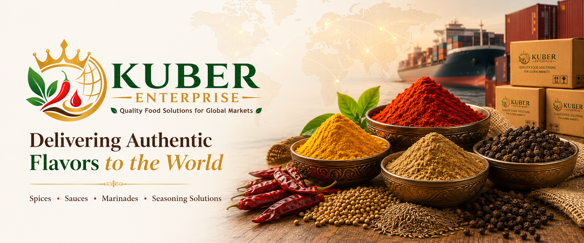 Kuber Enterprise export banner with spices and global shipping