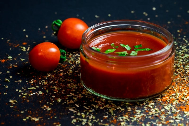 Sauces in bottles and bowls